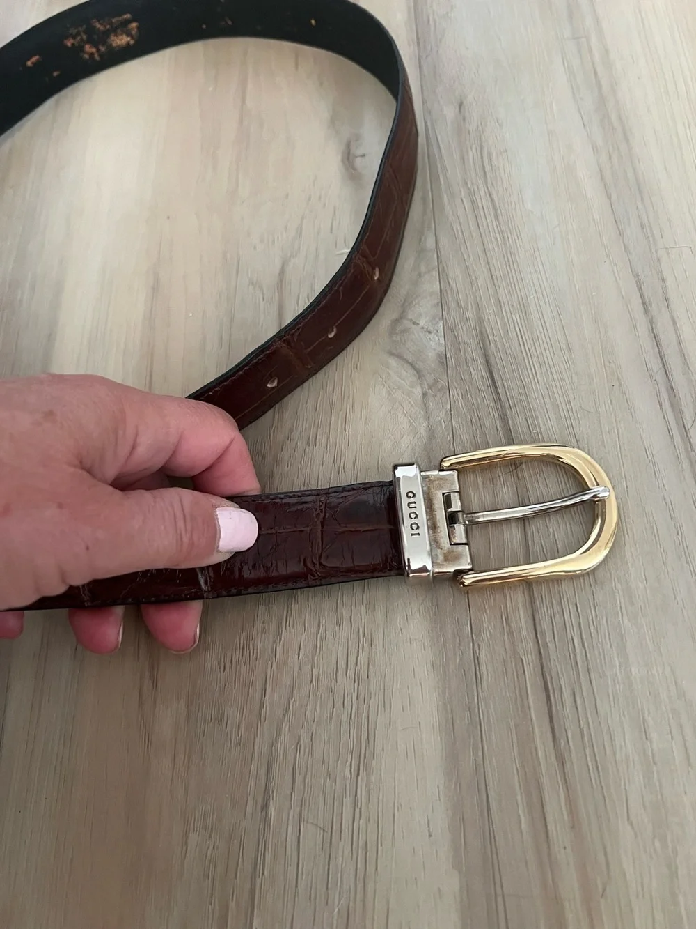 Vintage Gucci Brown Leather Croco Belt Gold and Silver Buckle Accents